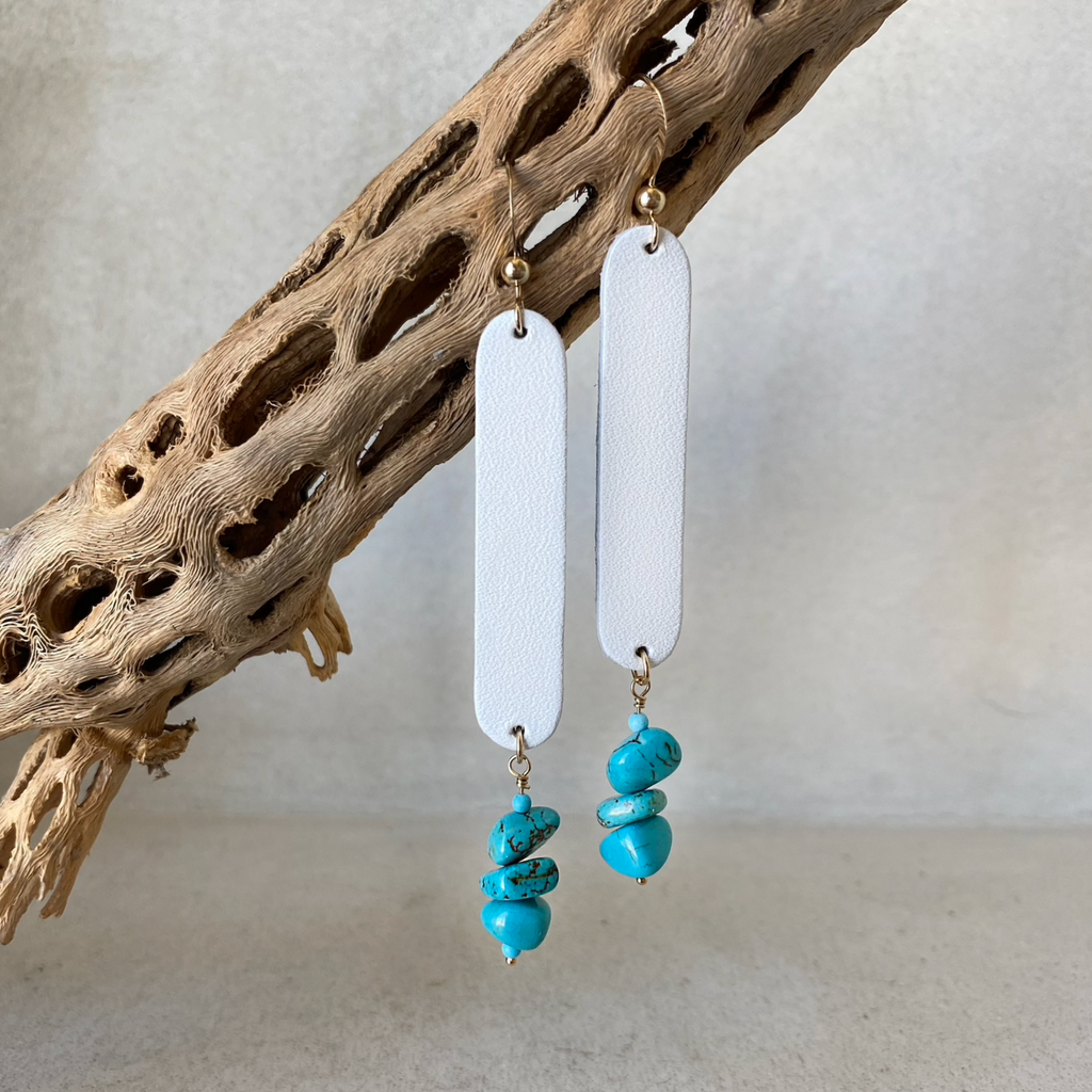 Turquoise and White Leather Earrings