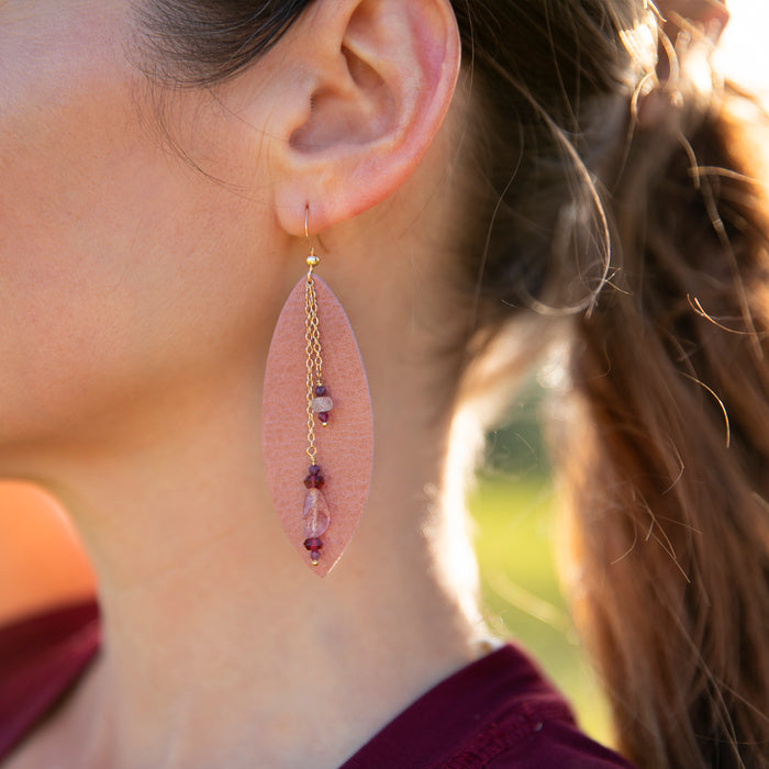 Pink Stone Leather Earrings