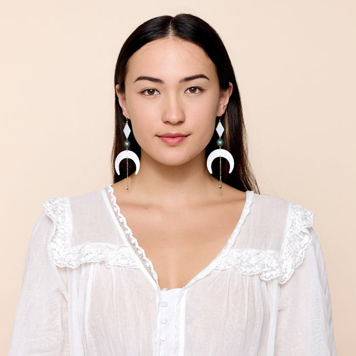 White Leather and Gemstone Celestial Earrings