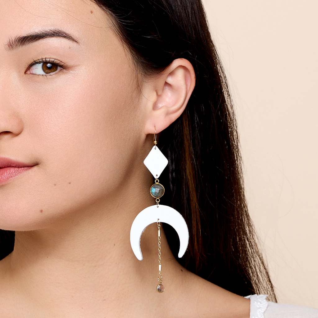 Woman's leather earrings with white moons and labradorite
